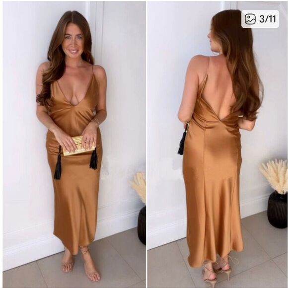 BRONZE ZARA LONG SATIN EFFECT DRESS ZARA BRONZE Champagne - Picture 1 of 16